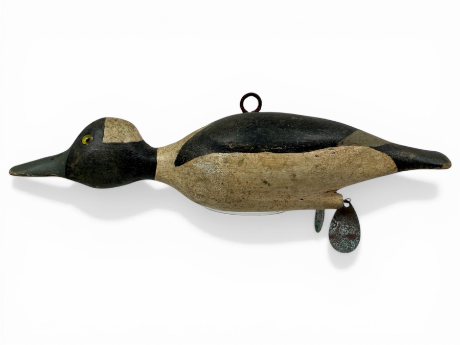 Just Added - Antique Folk Art Hand Painted Carved Wooden Duck Fishing Decoy For Darkhouse Ice Fishing Spearfishing 9L