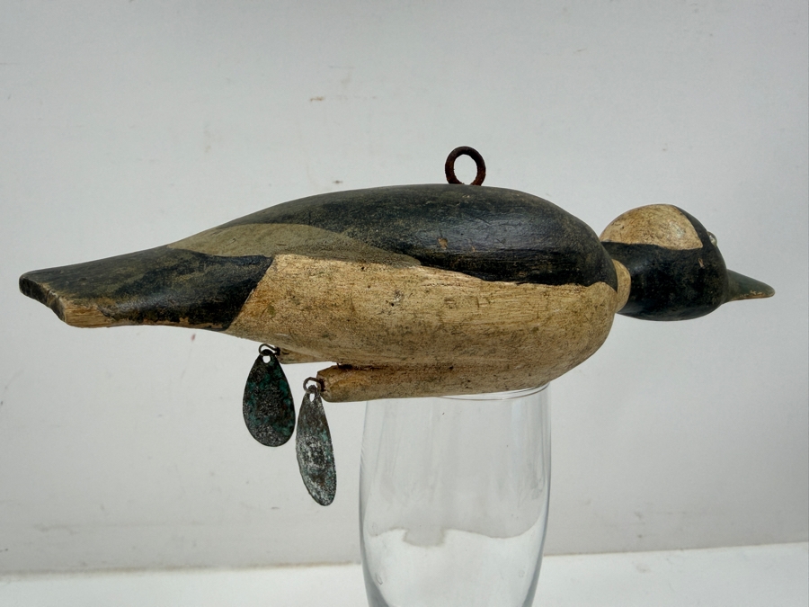 Just Added - Antique Folk Art Hand Painted Carved Wooden Duck Fishing Decoy For Darkhouse Ice Fishing Spearfishing 9L [Photo 5]