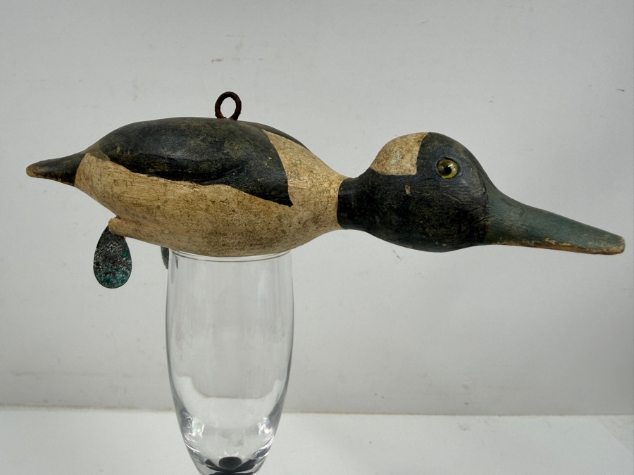 Just Added - Antique Folk Art Hand Painted Carved Wooden Duck Fishing Decoy For Darkhouse Ice Fishing Spearfishing 9L [Photo 4]