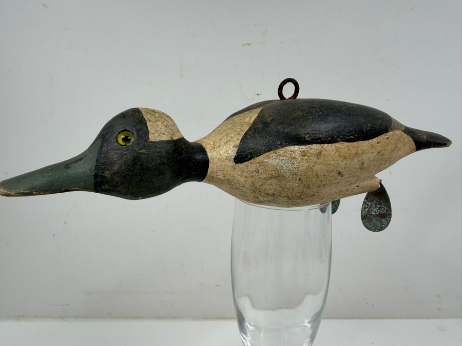Just Added - Antique Folk Art Hand Painted Carved Wooden Duck Fishing Decoy For Darkhouse Ice Fishing Spearfishing 9L [Photo 2]