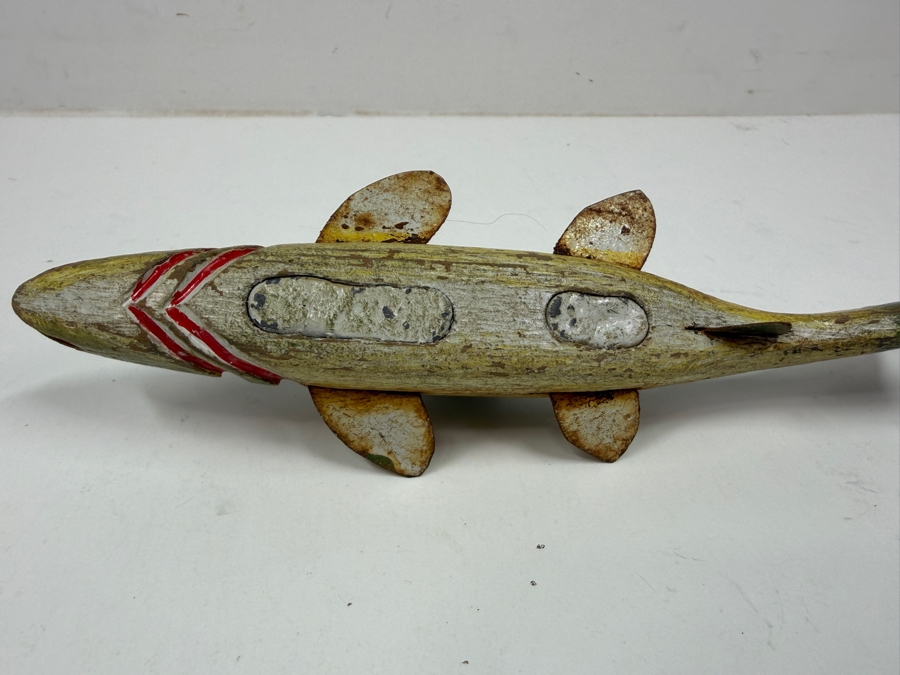 Just Added - Antique Folk Art Hand Painted Carved Wooden Fish Fishing Decoy For Darkhouse Ice Fishing Spearfishing 9L [Photo 8]
