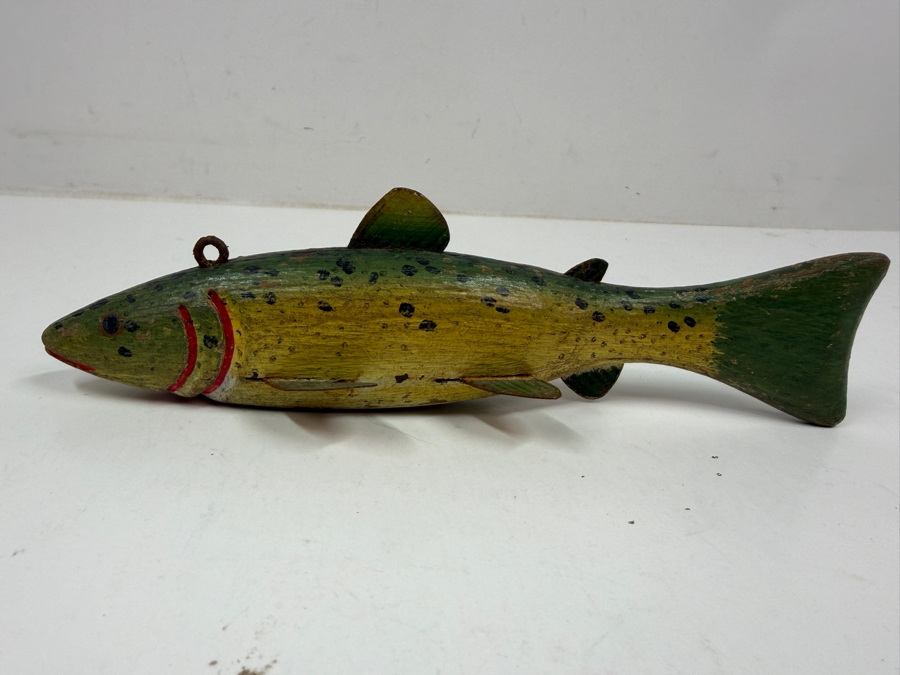 Just Added - Antique Folk Art Hand Painted Carved Wooden Fish Fishing Decoy For Darkhouse Ice Fishing Spearfishing 9L [Photo 7]