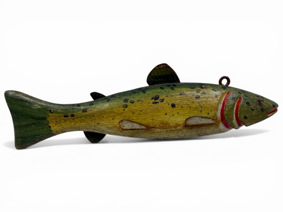 Just Added - Antique Folk Art Hand Painted Carved Wooden Fish Fishing Decoy For Darkhouse Ice Fishing Spearfishing 9L