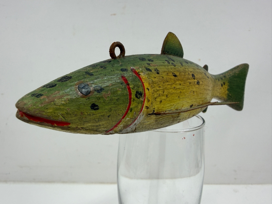 Just Added - Antique Folk Art Hand Painted Carved Wooden Fish Fishing Decoy For Darkhouse Ice Fishing Spearfishing 9L [Photo 4]