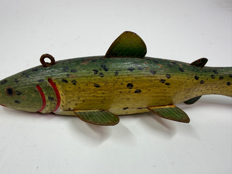 Just Added - Antique Folk Art Hand Painted Carved Wooden Fish Fishing Decoy For Darkhouse Ice Fishing Spearfishing 9L [Photo 6]