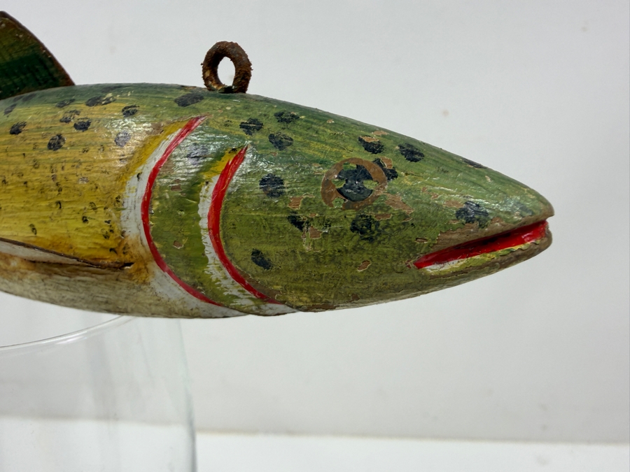 Just Added - Antique Folk Art Hand Painted Carved Wooden Fish Fishing Decoy For Darkhouse Ice Fishing Spearfishing 9L [Photo 3]