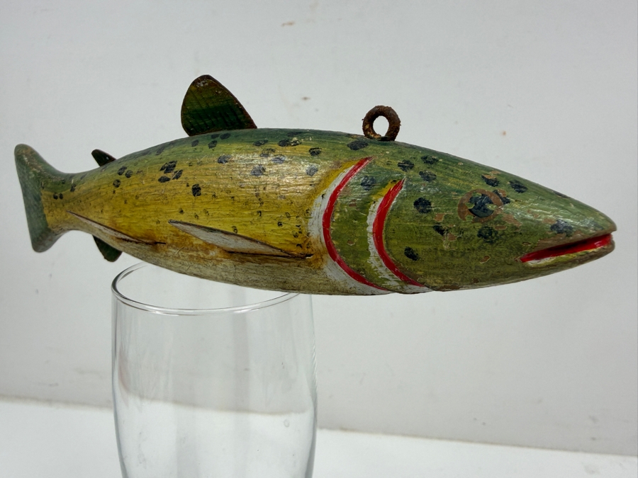 Just Added - Antique Folk Art Hand Painted Carved Wooden Fish Fishing Decoy For Darkhouse Ice Fishing Spearfishing 9L [Photo 2]
