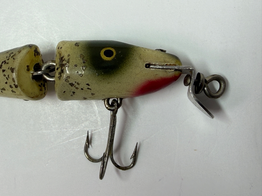 Just Added - Antique C. C. Bait Co (Creek Chub Bait Company) Wooden Fishing Lure With Jointed Body 1920 Patent Date 5'L  [Photo 2]