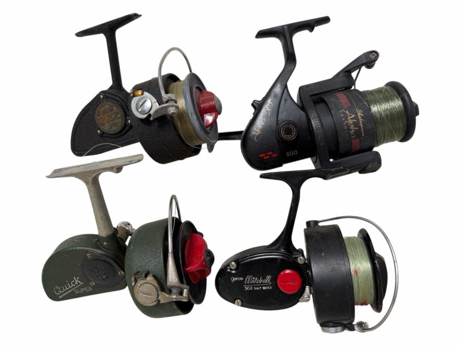Just Added - (4) Vintage Fishing Reels: (2) DAM Berlin West Germany Quick, (1) Garcia Mitchell 302 Salt Water And (1) Shakespeare Alpha XT Graphite 600