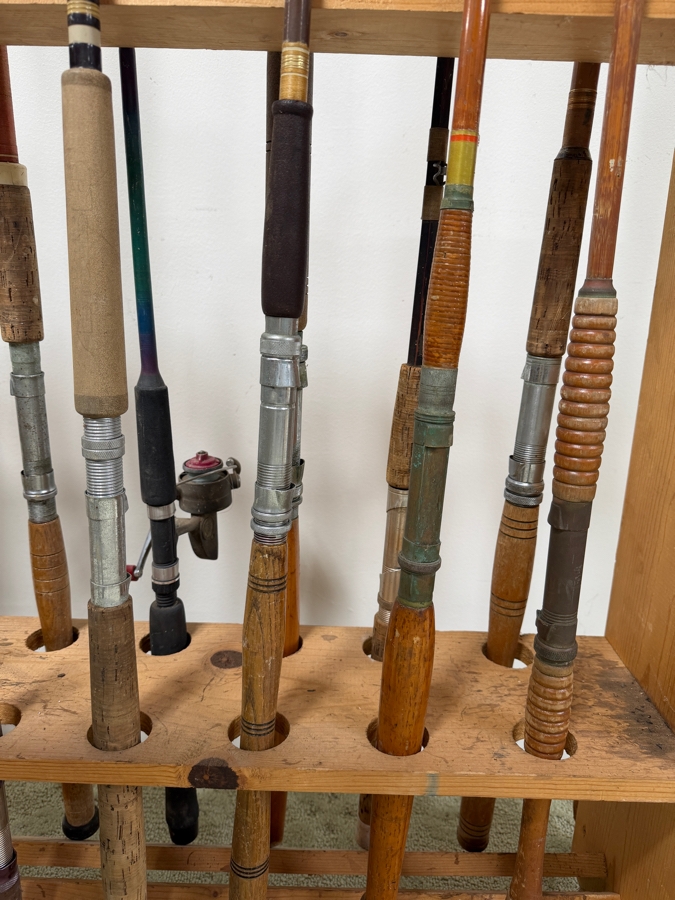 Just Added - Large Collection Of Vintage Fishing Rods Of Various Sizes And Makes With Wooden Fishing Pole Rack 40'W - See Photos [Photo 6]