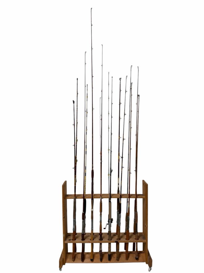 Just Added - Large Collection Of Vintage Fishing Rods Of Various Sizes And Makes With Wooden Fishing Pole Rack 40'W - See Photos [Photo 2]