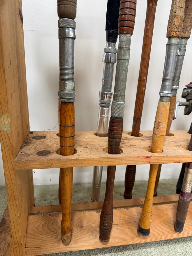 Just Added - Large Collection Of Vintage Fishing Rods Of Various Sizes And Makes With Wooden Fishing Pole Rack 40'W - See Photos [Photo 4]
