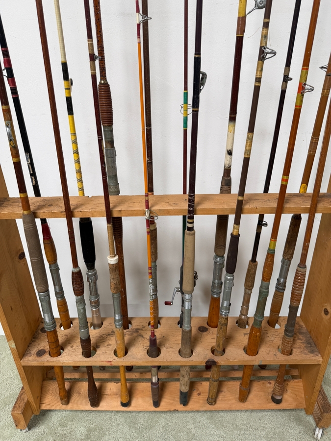 Just Added - Large Collection Of Vintage Fishing Rods Of Various Sizes And Makes With Wooden Fishing Pole Rack 40'W - See Photos [Photo 3]