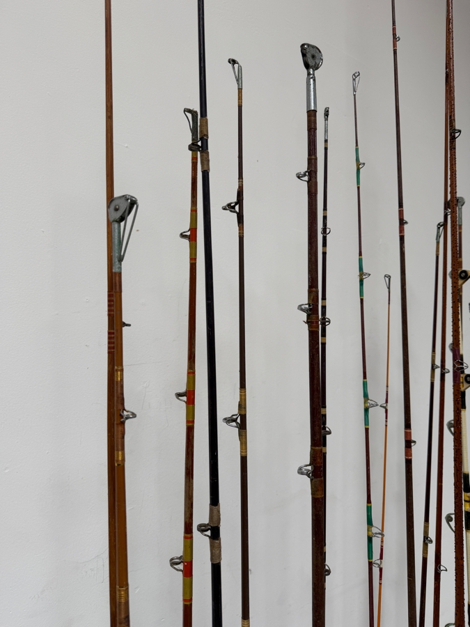 Just Added - Large Collection Of Vintage Fishing Rods Of Various Sizes And Makes With Wooden Fishing Pole Rack 40'W - See Photos [Photo 10]
