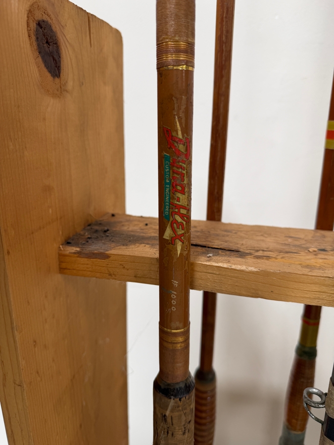 Just Added - Large Collection Of Vintage Fishing Rods Of Various Sizes And Makes With Wooden Fishing Pole Rack 40'W - See Photos [Photo 8]