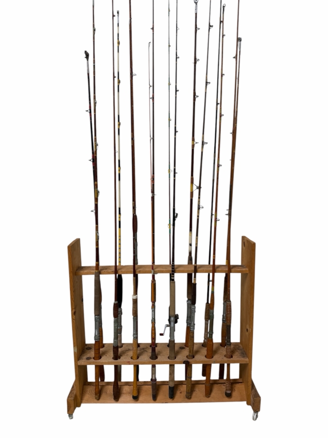 Just Added - Large Collection Of Vintage Fishing Rods Of Various Sizes And Makes With Wooden Fishing Pole Rack 40'W - See Photos
