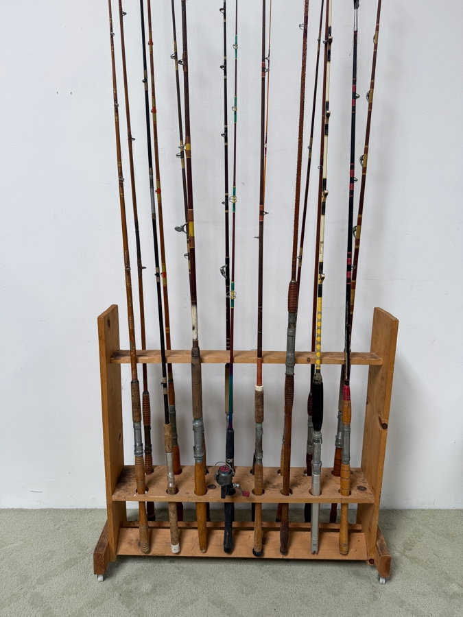 Just Added - Large Collection Of Vintage Fishing Rods Of Various Sizes And Makes With Wooden Fishing Pole Rack 40'W - See Photos [Photo 7]