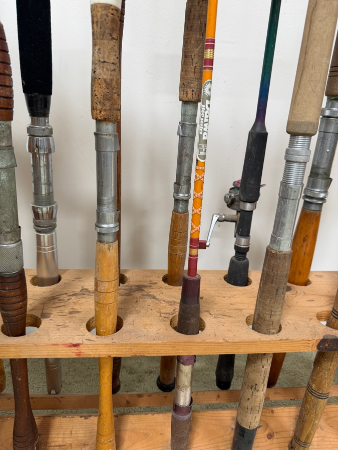 Just Added - Large Collection Of Vintage Fishing Rods Of Various Sizes And Makes With Wooden Fishing Pole Rack 40'W - See Photos [Photo 5]