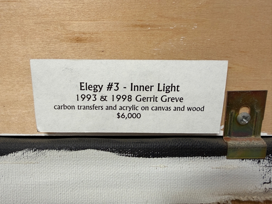 Just Added - Gerrit Greve (1948-2024, Cardiff by the Sea, CA) Original Acrylic Painting On Canvas Titled “Elegy #3: Inner Light” Matching Frame with Carbon Transfers Signed Lower Left And Verso Dated 1998 40” X 48” Framed: 46.5” x 54.5” Retails $6,000 [Photo 12]