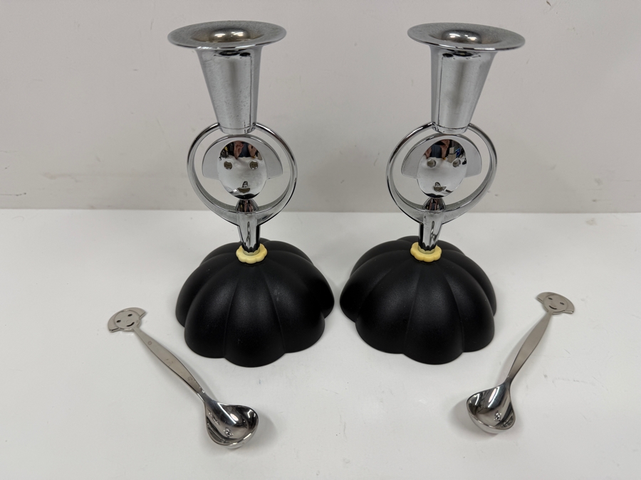 Pair Of Vintage Alessi Anna Black Candleholders And (2) Spoons (Model AM19CU) Both Designed By Alessandro Mendini in 1999 6.5'H [Photo 2]