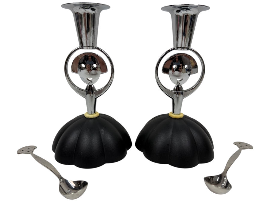 Pair Of Vintage Alessi Anna Black Candleholders And (2) Spoons (Model AM19CU) Both Designed By Alessandro Mendini in 1999 6.5'H