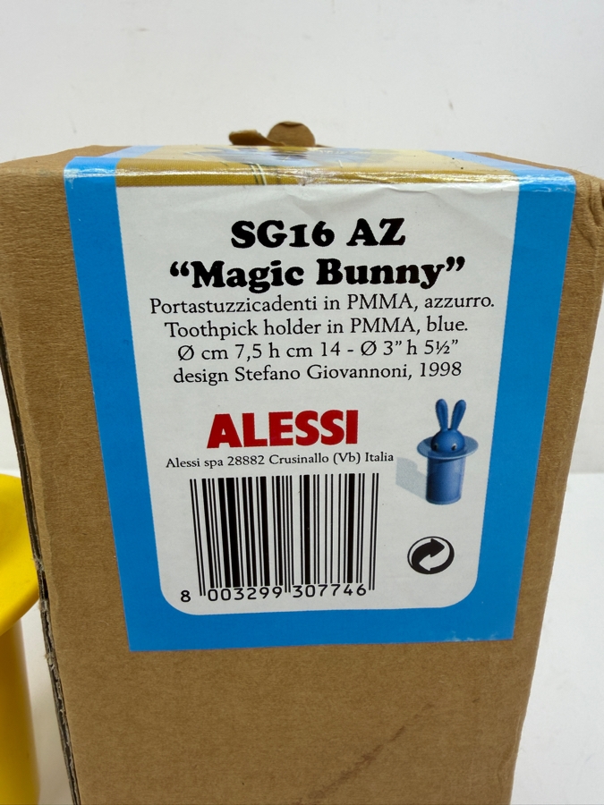 (2) Vintage Alessi Magic Bunny Toothpick Holders, Designed By Stefano Giovannoni In 1998, One Blue (New In Box) And One Yellow 
 [Photo 3]