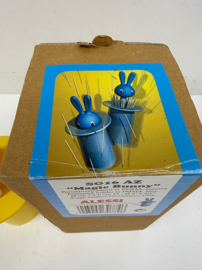 (2) Vintage Alessi Magic Bunny Toothpick Holders, Designed By Stefano Giovannoni In 1998, One Blue (New In Box) And One Yellow 
 [Photo 4]