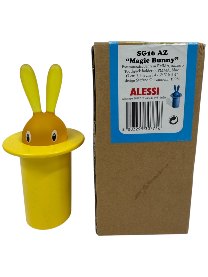 (2) Vintage Alessi Magic Bunny Toothpick Holders, Designed By Stefano Giovannoni In 1998, One Blue (New In Box) And One Yellow 
