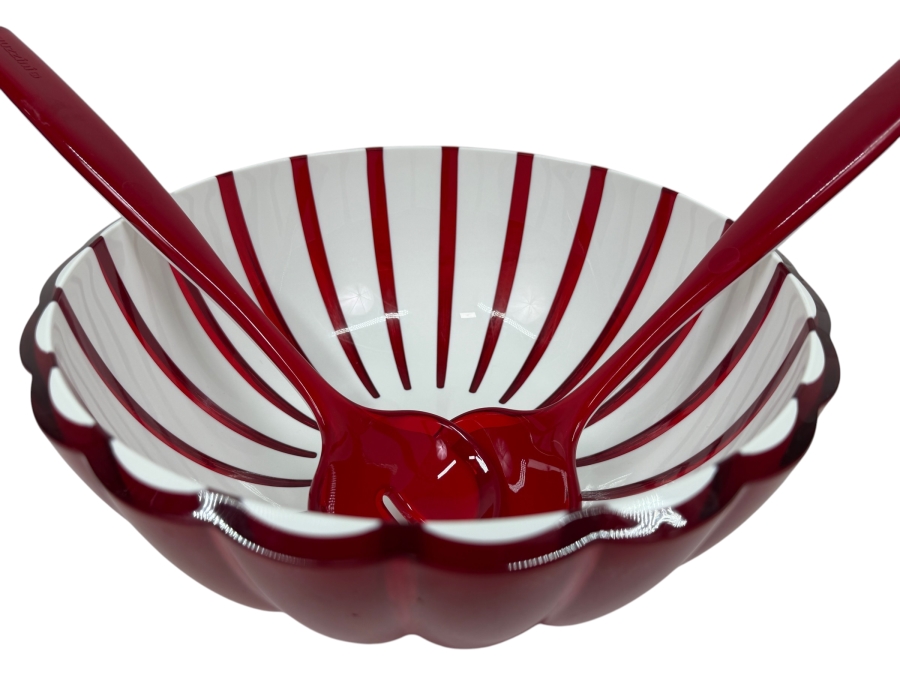 Guzzini Grace Red And White Striped Serving Bowl With Red Serving Utensils Made In Italy 10W X 4H
