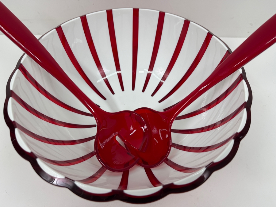 Guzzini Grace Red And White Striped Serving Bowl With Red Serving Utensils Made In Italy 10W X 4H [Photo 2]