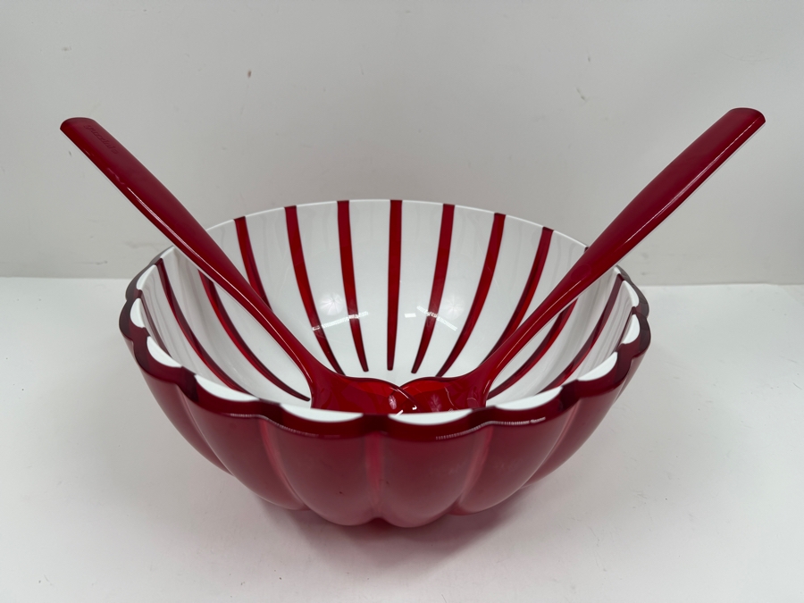 Guzzini Grace Red And White Striped Serving Bowl With Red Serving Utensils Made In Italy 10W X 4H [Photo 3]