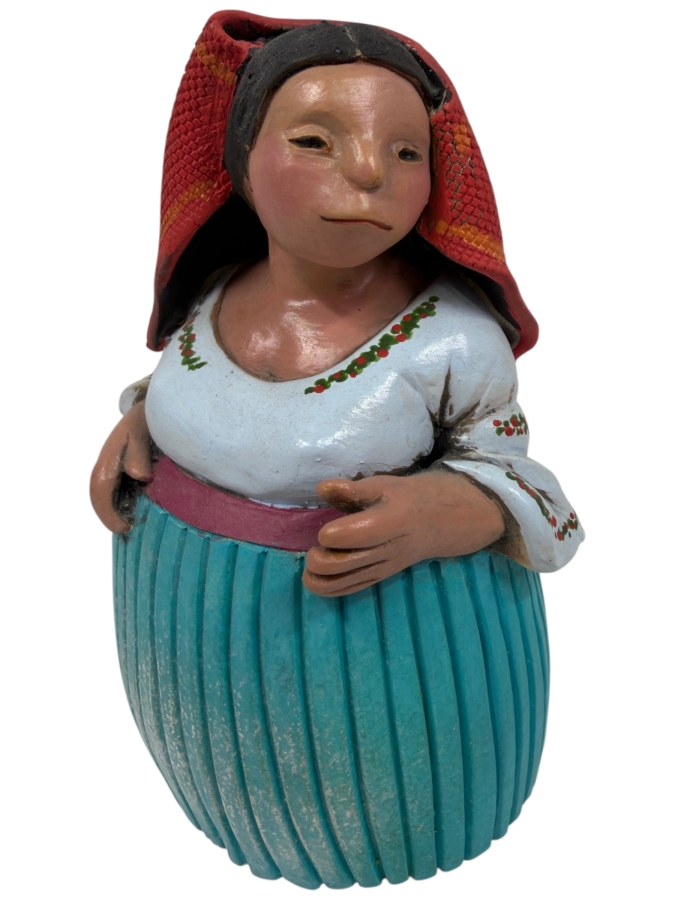 Handmade Signed Terracotta Folk Art Sculpture Of A Woman In Traditional Dress 7'H