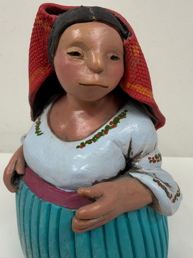 Handmade Signed Terracotta Folk Art Sculpture Of A Woman In Traditional Dress 7'H [Photo 2]