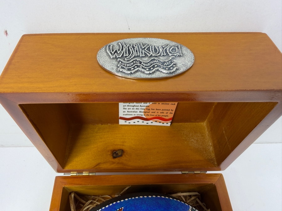 Hand-Painted Emu Egg - Authentic Wijikura Aboriginal Art With Wooden Display Box 5'W [Photo 5]