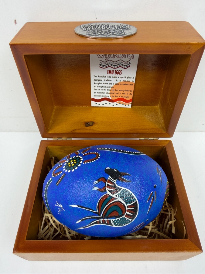 Hand-Painted Emu Egg - Authentic Wijikura Aboriginal Art With Wooden Display Box 5'W [Photo 2]