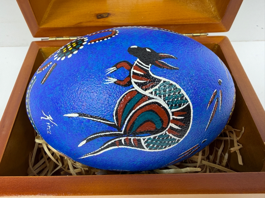 Hand-Painted Emu Egg - Authentic Wijikura Aboriginal Art With Wooden Display Box 5'W [Photo 3]