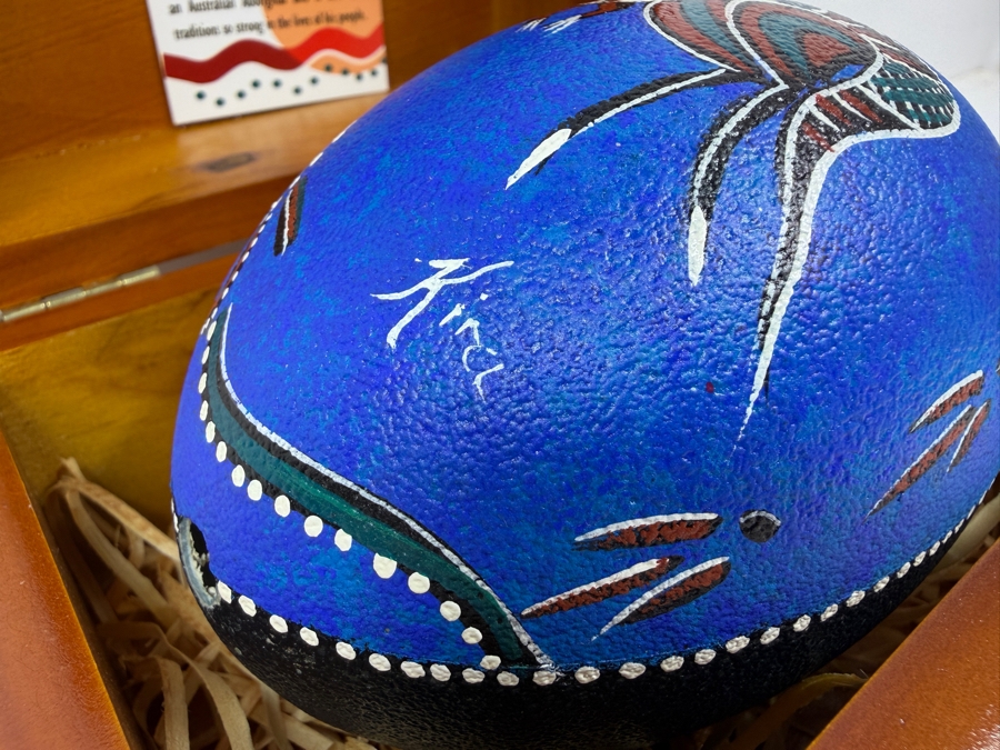 Hand-Painted Emu Egg - Authentic Wijikura Aboriginal Art With Wooden Display Box 5'W [Photo 6]