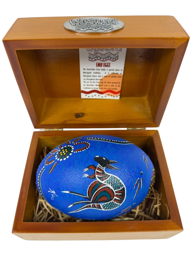 Hand-Painted Emu Egg - Authentic Wijikura Aboriginal Art With Wooden Display Box 5'W