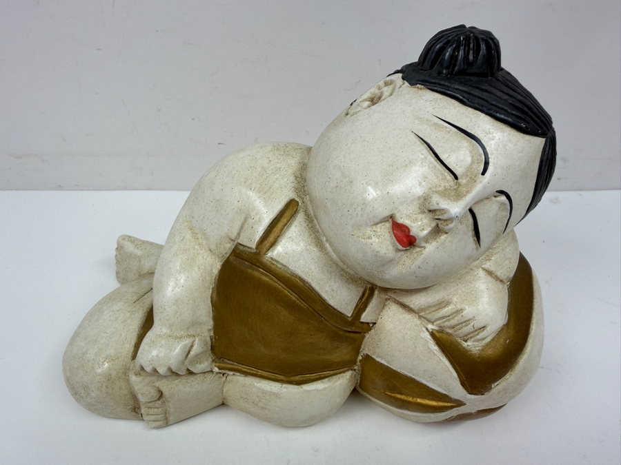Vintage Hand Carved Wooden Sleeping Child Figurine Made In Thailand 9.5'W x 7'H [Photo 2]