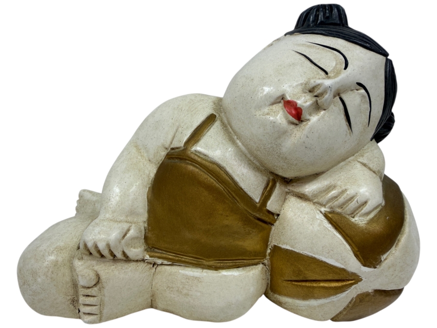 Vintage Hand Carved Wooden Sleeping Child Figurine Made In Thailand 9.5'W x 7'H