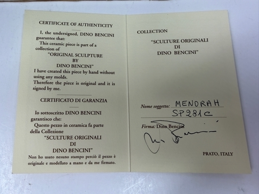 Original Signed Menorah Ceramic Sculpture By Dino Bencini With COA Made In Italy 14'W x 6'H [Photo 10]