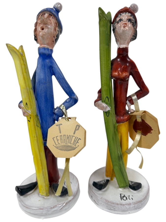 Vintage Hand Painted TP Ceramiche Ceramic Skier Couple Figurines Signed by Poli Cesare Made In Italy With Original Tags 8.5'H