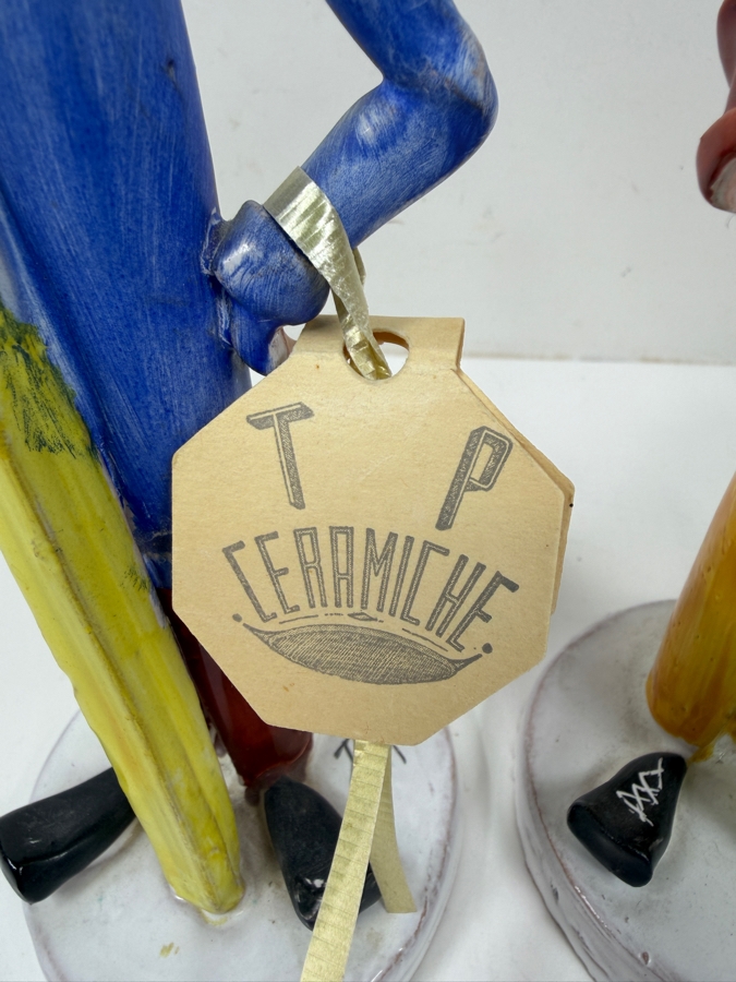 Vintage Hand Painted TP Ceramiche Ceramic Skier Couple Figurines Signed by Poli Cesare Made In Italy With Original Tags 8.5'H [Photo 3]