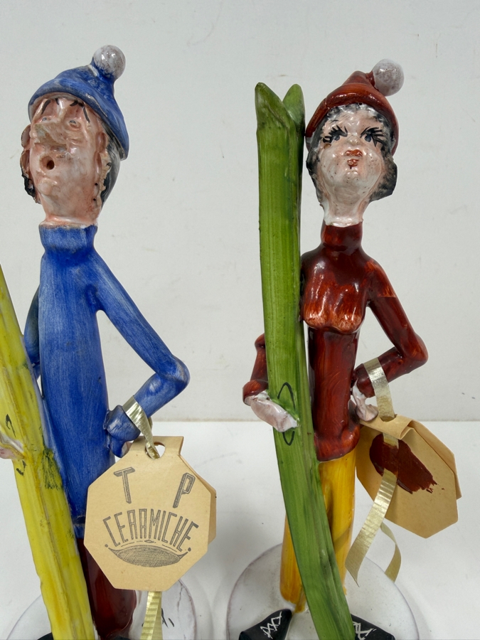 Vintage Hand Painted TP Ceramiche Ceramic Skier Couple Figurines Signed by Poli Cesare Made In Italy With Original Tags 8.5'H [Photo 2]