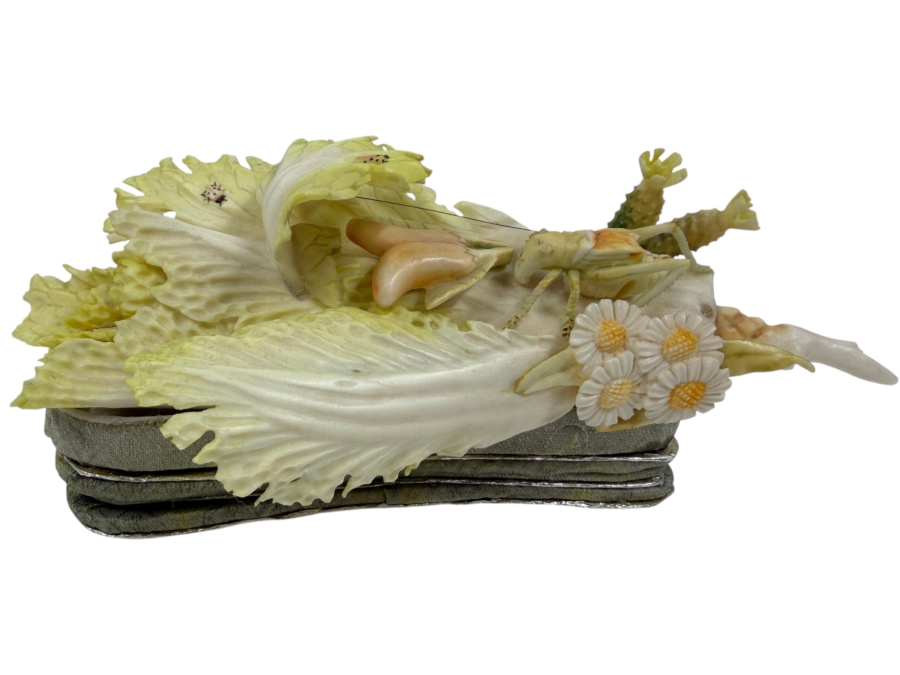 Chinese Carved Polychrome Bone Figurine Depicting A Grasshopper Resting On A Cabbage Leaf 8'W x 3.5'H
