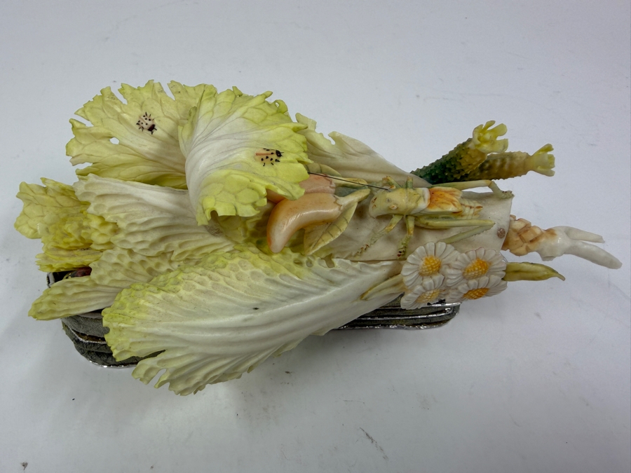 Chinese Carved Polychrome Bone Figurine Depicting A Grasshopper Resting On A Cabbage Leaf 8'W x 3.5'H [Photo 3]