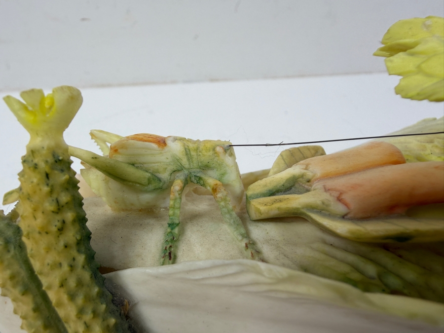 Chinese Carved Polychrome Bone Figurine Depicting A Grasshopper Resting On A Cabbage Leaf 8'W x 3.5'H [Photo 16]
