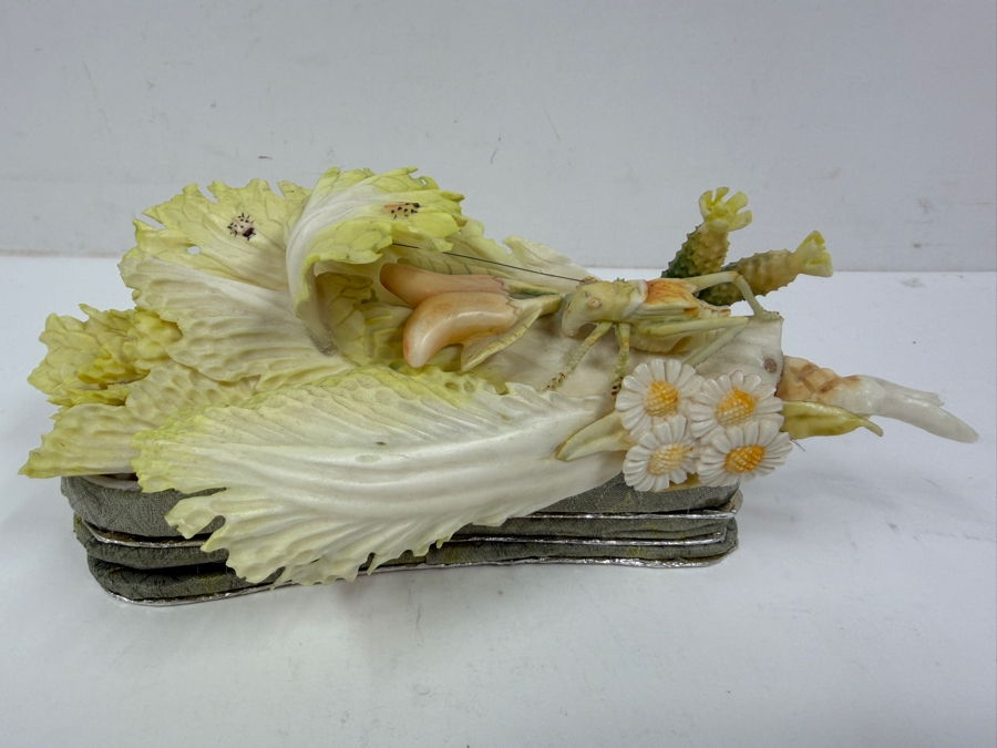Chinese Carved Polychrome Bone Figurine Depicting A Grasshopper Resting On A Cabbage Leaf 8'W x 3.5'H [Photo 4]