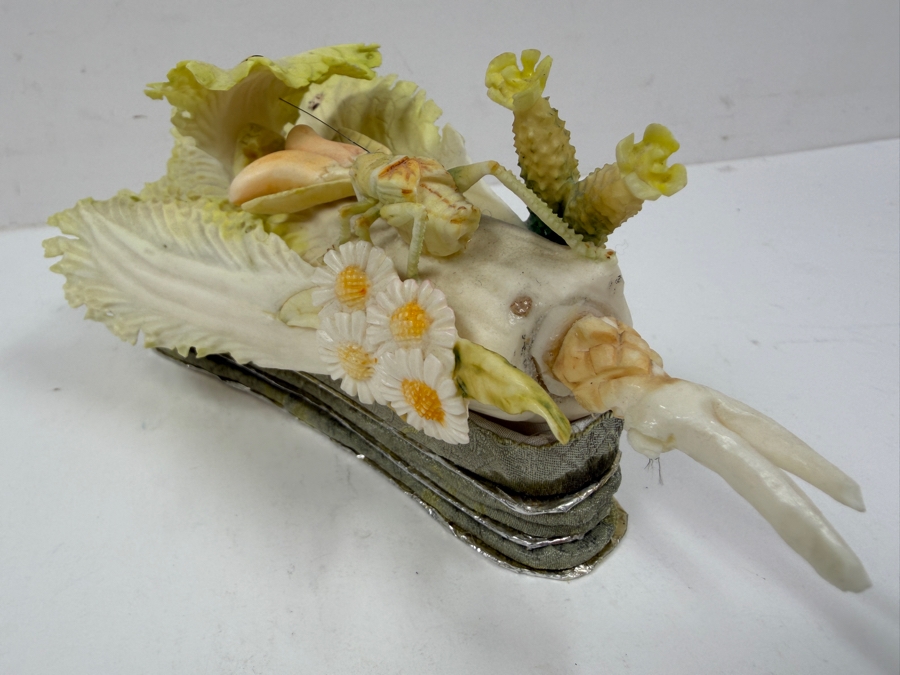 Chinese Carved Polychrome Bone Figurine Depicting A Grasshopper Resting On A Cabbage Leaf 8'W x 3.5'H [Photo 12]