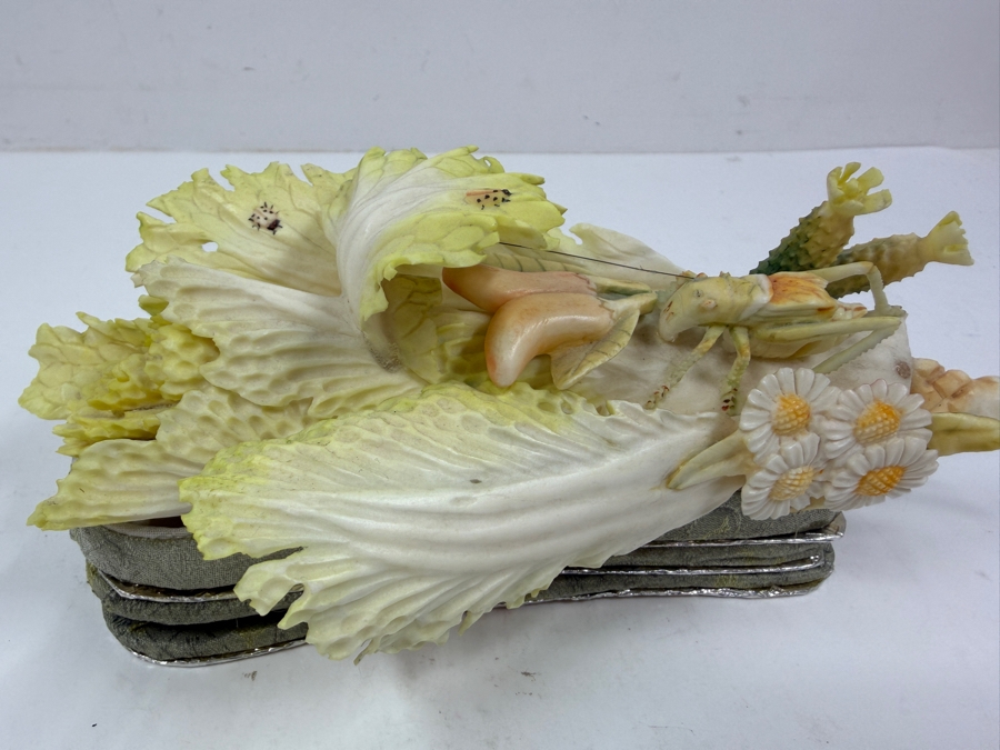 Chinese Carved Polychrome Bone Figurine Depicting A Grasshopper Resting On A Cabbage Leaf 8'W x 3.5'H [Photo 2]